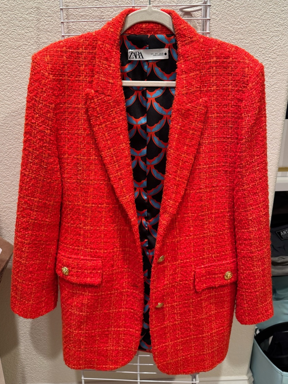 ZARA Bright Red Tweed Blazer with Gold Buttons
